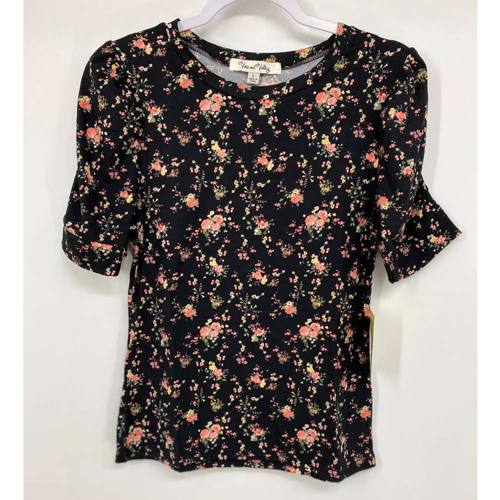 Vine & Valley Juniors Large Black Pink Floral Ruched Short Sleeve Blouse Top NEW